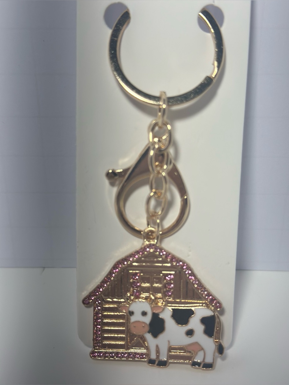 Gold-Tone Cow & Barn Keychain Charm - Pink Accent